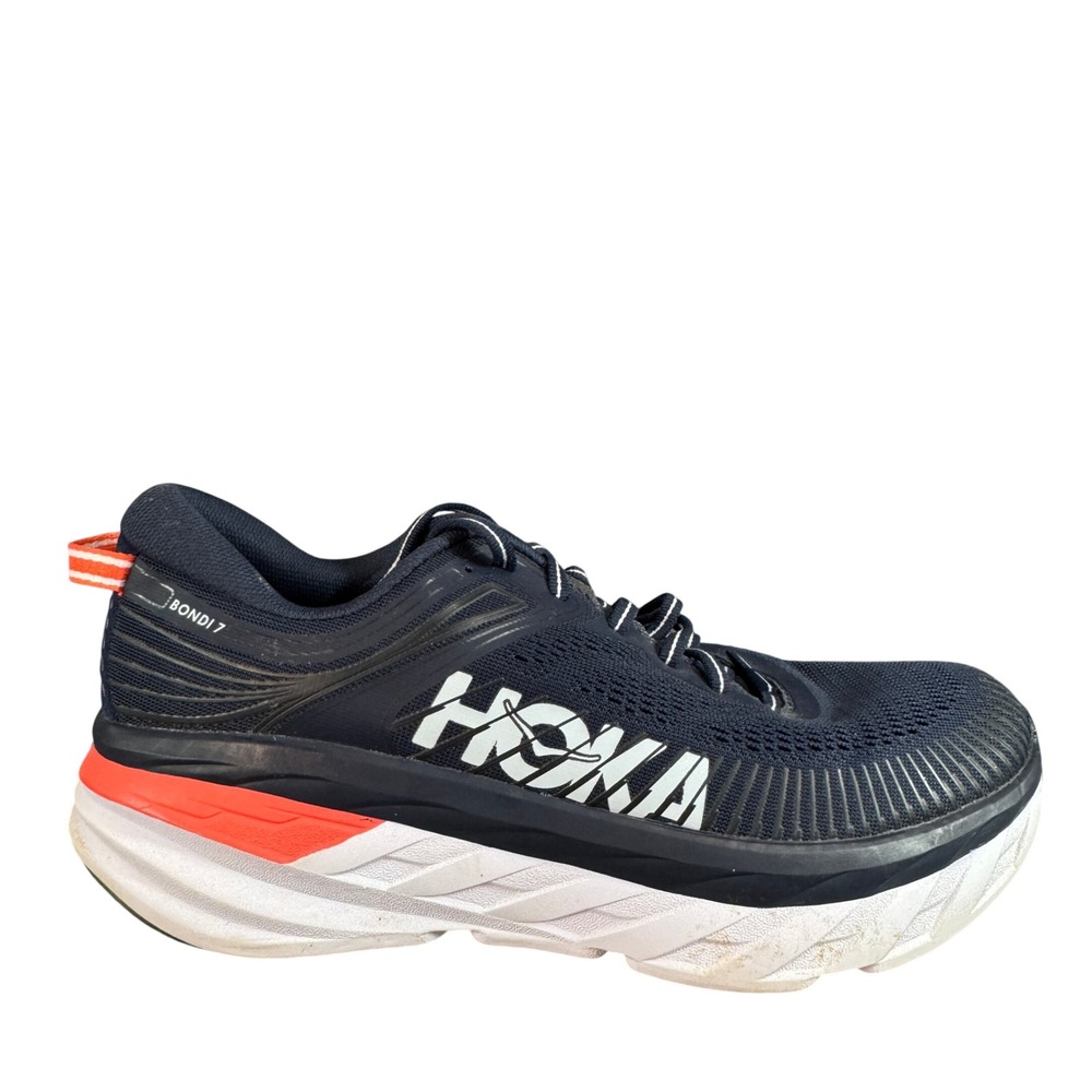 Hoka One One Bondi 7 Women's 8.5 Running Shoes Navy Blue White Orange Sneakers